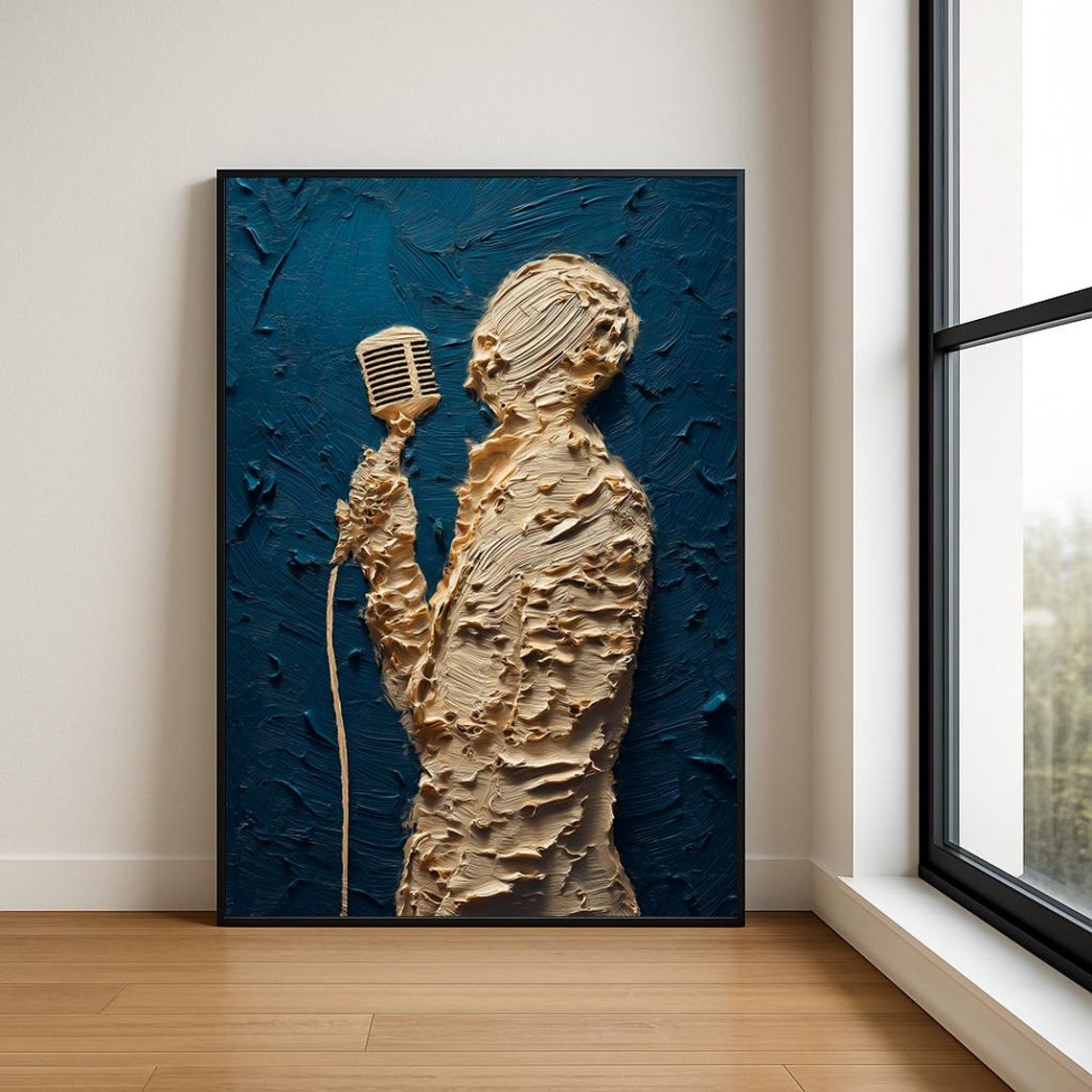 Textured Beige Singer Vintage Microphone Blue Music Art Poster