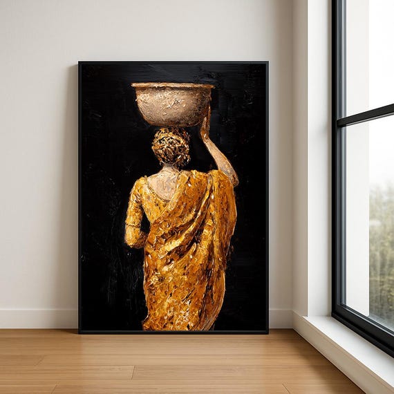 Traditional South Asian Woman Wall Oil Painting Luxury Textured Village Lady Decor