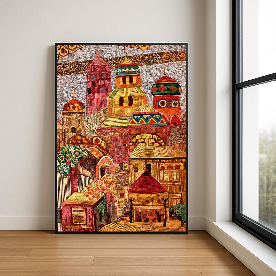 Onion Dome Cathedral Red Mosaic Style Russian City Art Poster