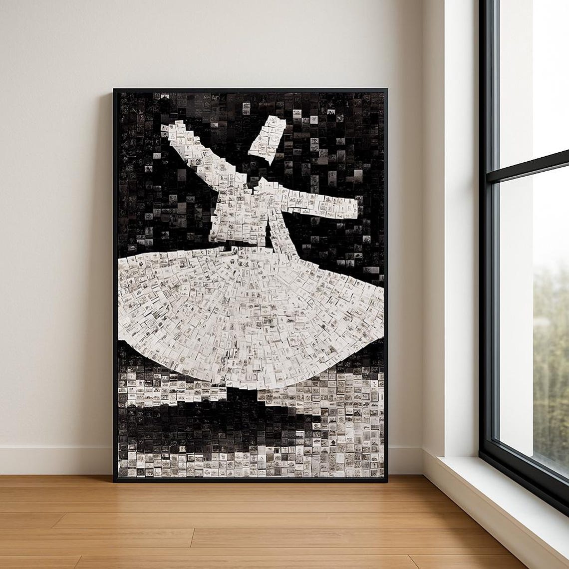 Whirling Dervish Newspaper Collage Black White Sufi Dance Poster