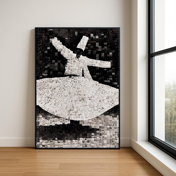 Whirling Dervish Newspaper Collage Black White Sufi Dance Poster