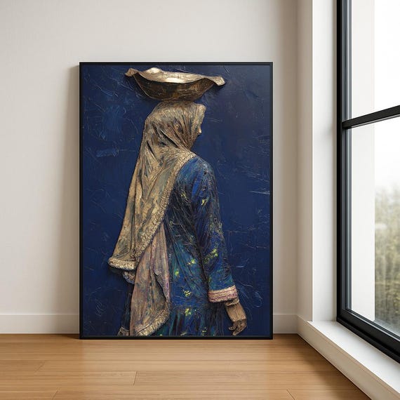 Traditional South Asian Woman Wall Oil Painting Luxury Textured Village Lady Decor