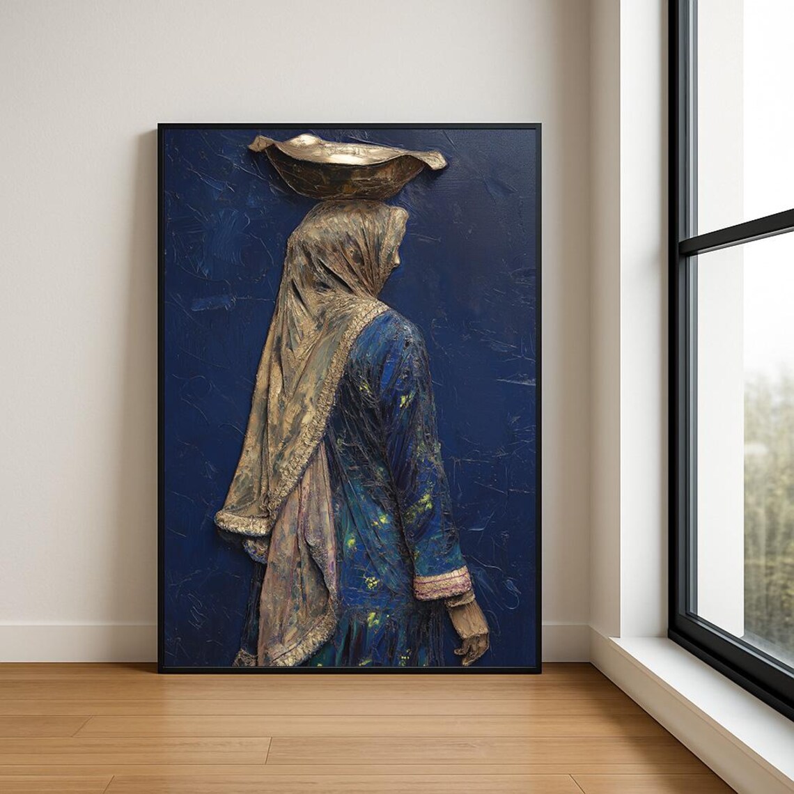 Woman Balancing Basket Blue Gold Textured Relief Painting Art Poster