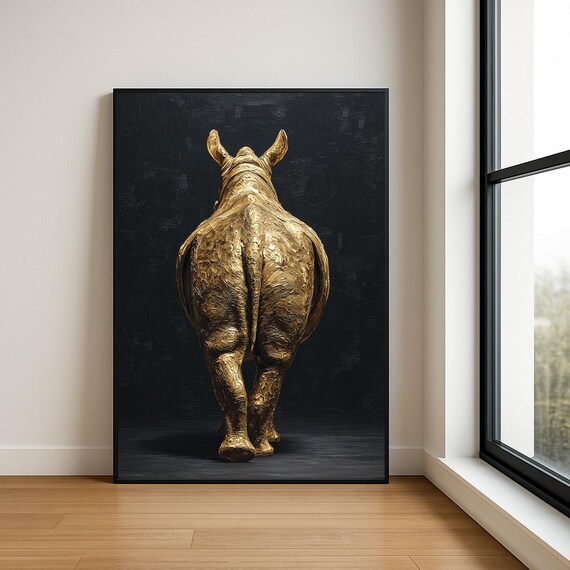Golden Rhinoceros Impasto Oil Painting Animal Portrait Black Poster
