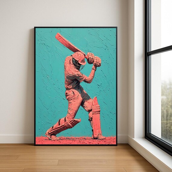 Coral Cricket Batsman Teal Impasto Sports Oil Painting Poster