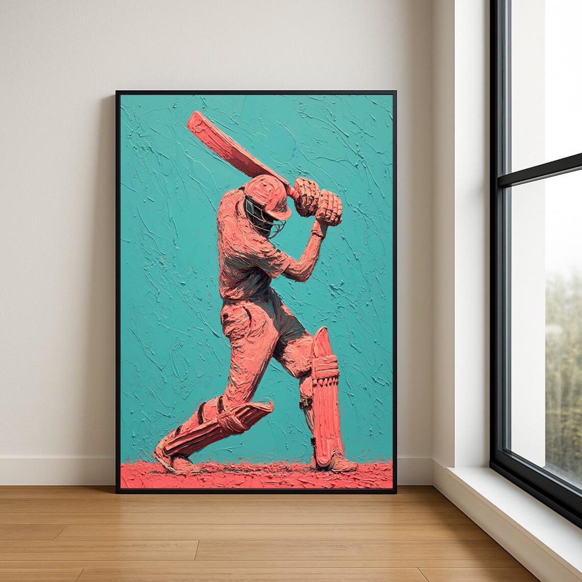 Coral Cricket Batsman Teal Impasto Sports Oil Painting Poster