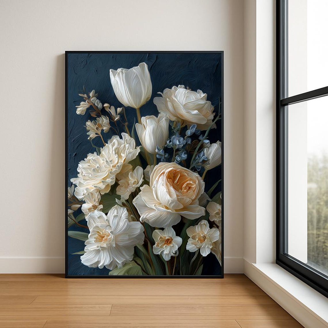 White Tulips and Roses Bouquet on Navy Impasto Floral Poster