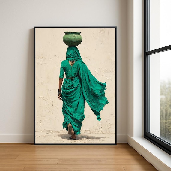 Emerald Green Indian Woman Carrying Water Pot Textured Poster