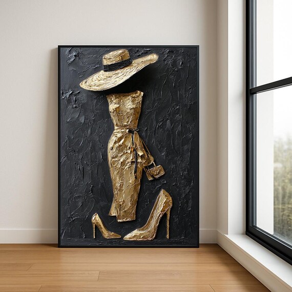 Elegant Gold Lady Dress Sunhat Heels Textured Oil Paint Wall Art