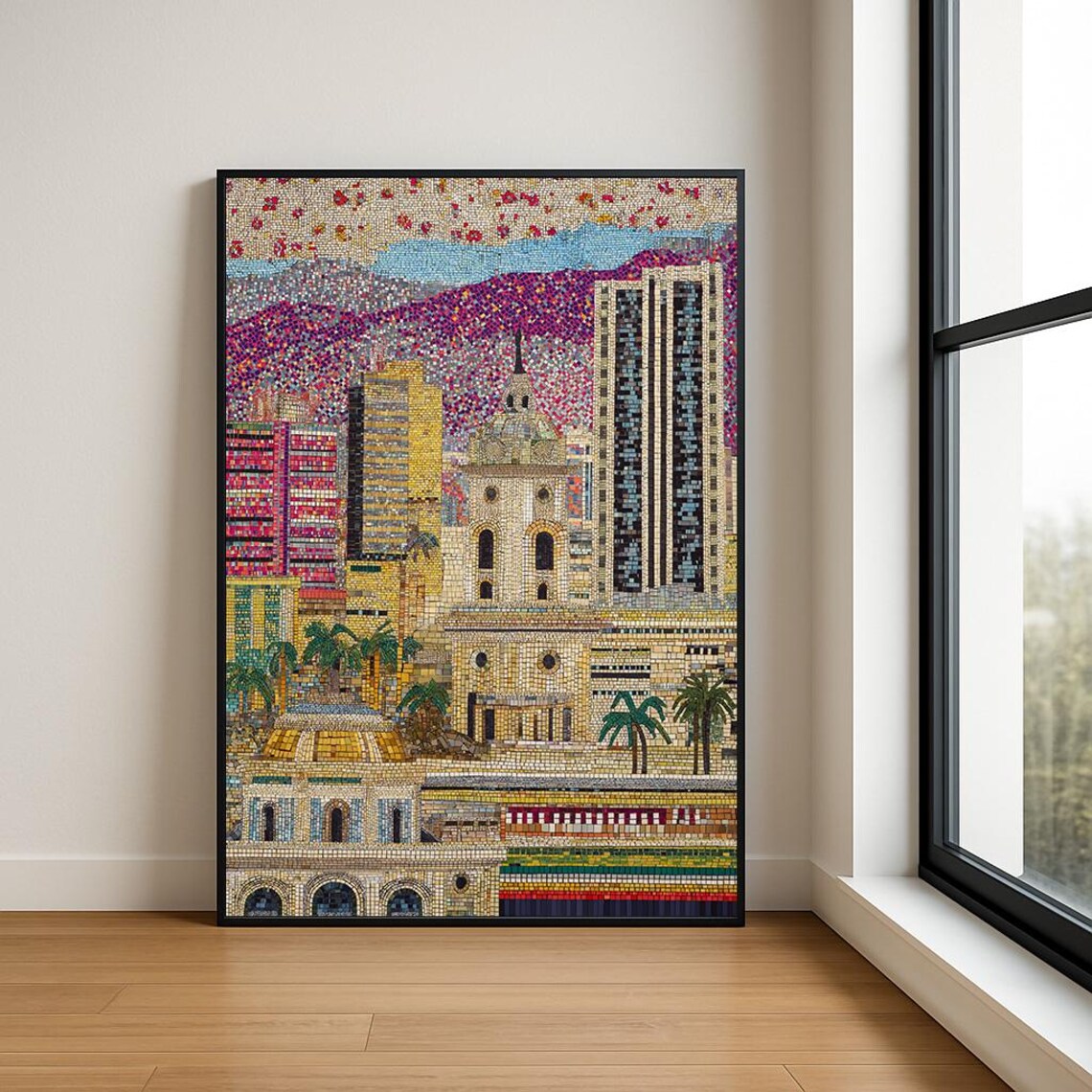 Colorful Mosaic City Skyline Historic Domed Cathedral Art Poster