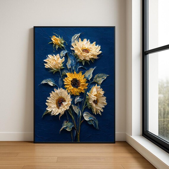 Cream Sunflowers on Navy Textured Impasto Oil Painting Floral Poster
