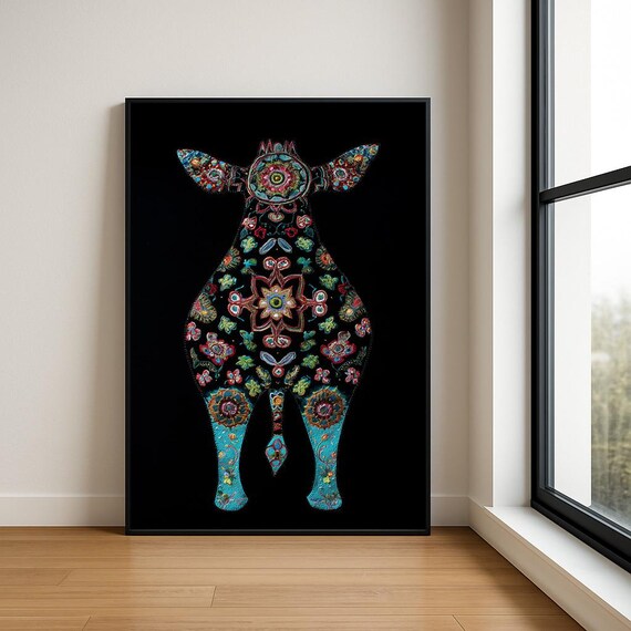 Colourful Embroidered Animal Wall Art Boho Illustration Print Vibrant Textile Style Home Decor