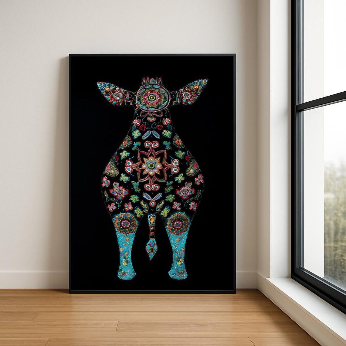 Colorful Embroidered Donkey Floral Boho Farm Animal Art Poster