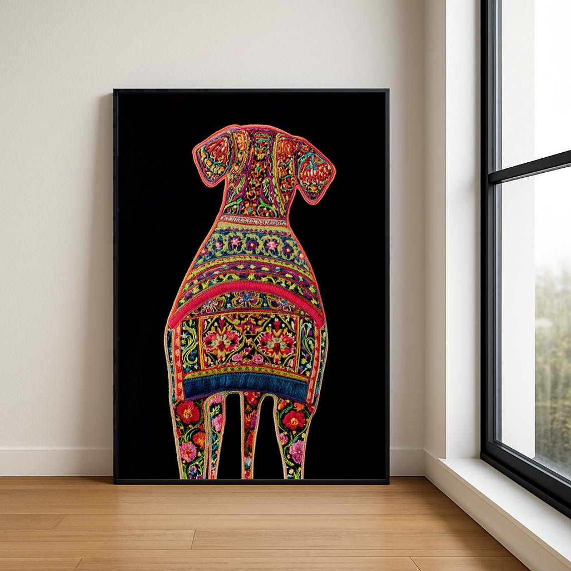 Embroidered Dog Portrait Colorful Floral Boho Pet Art Poster