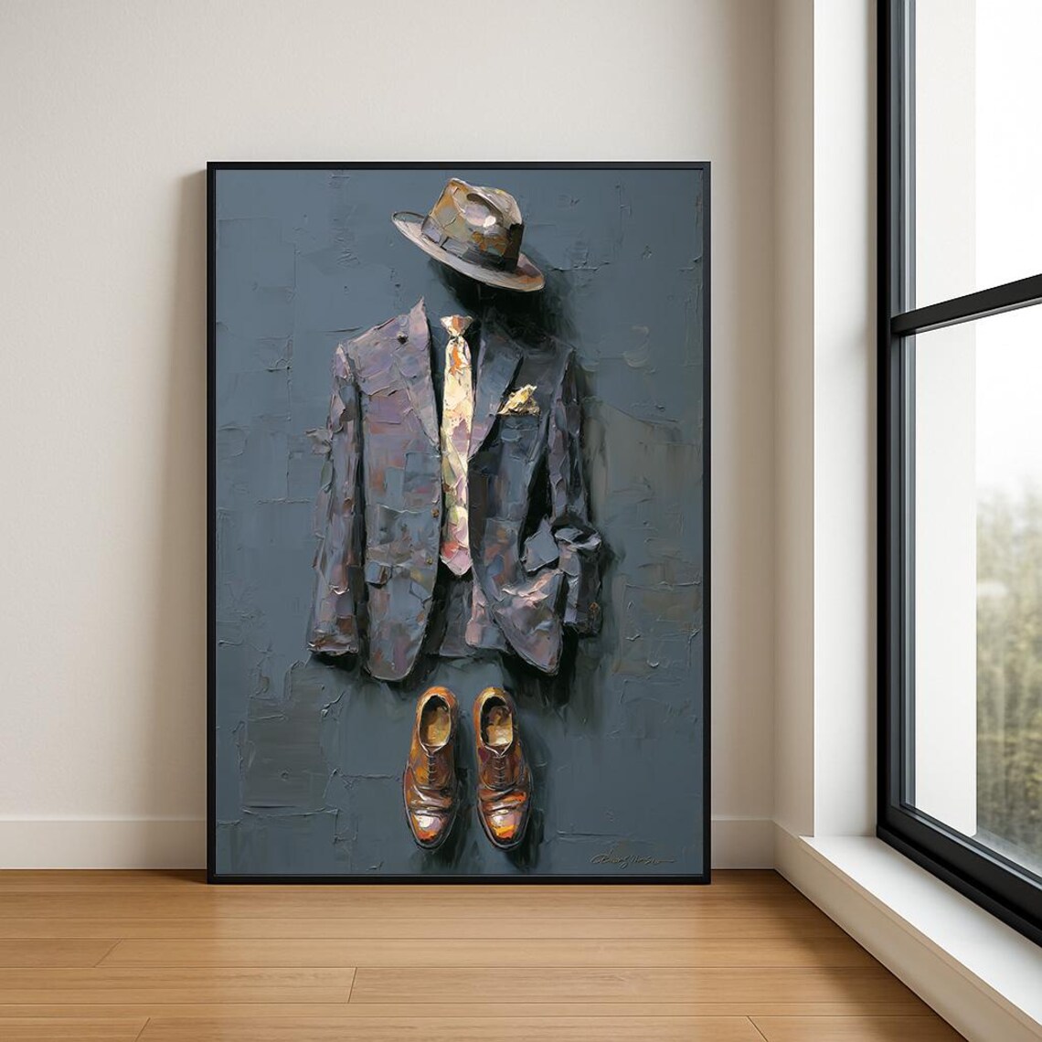 Gentleman in Gray Suit Hat and Shoes Impasto Fashion Art Poster