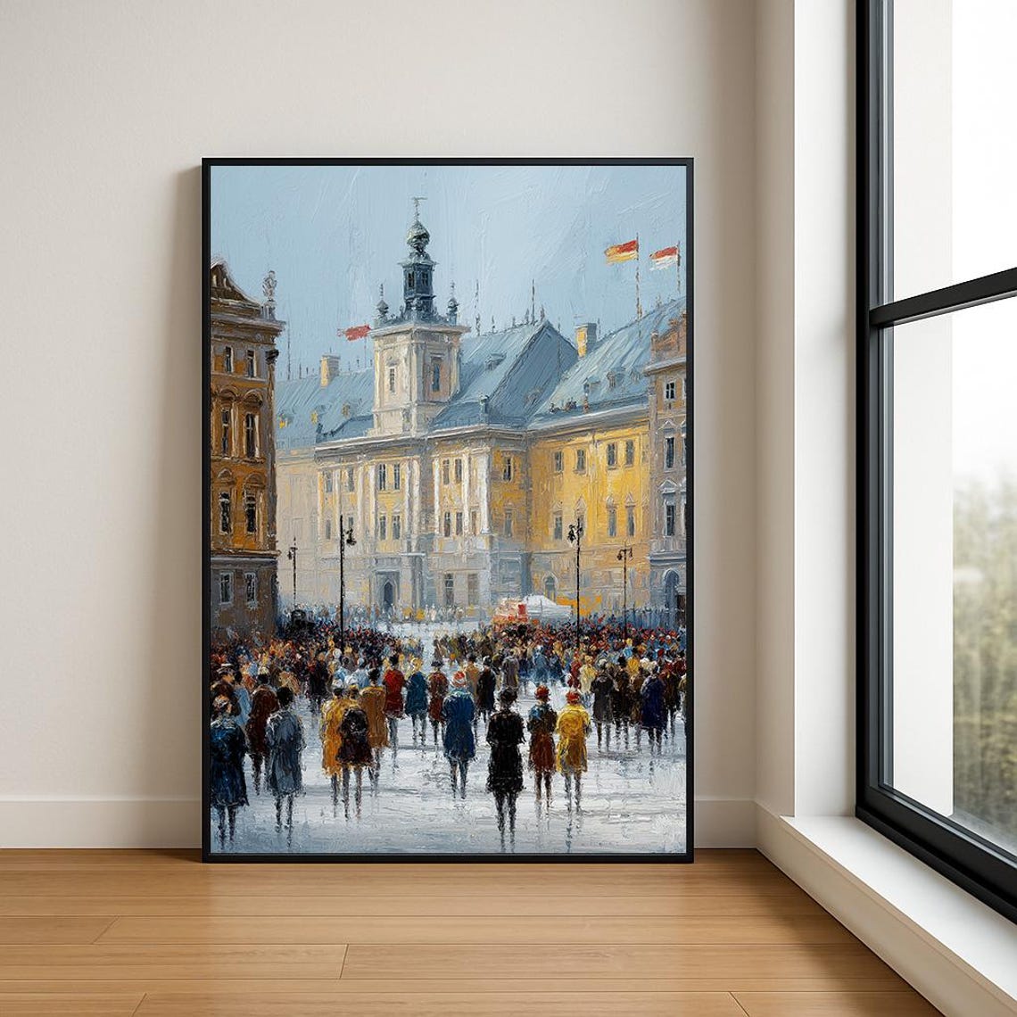 European Palace Square Crowd Impressionist City Painting Wall Art