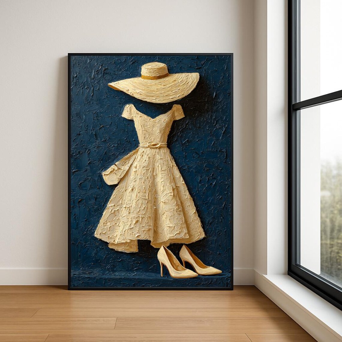Cream Dress Form Wide Brim Hat Heels Navy Textured Fashion Art Poster