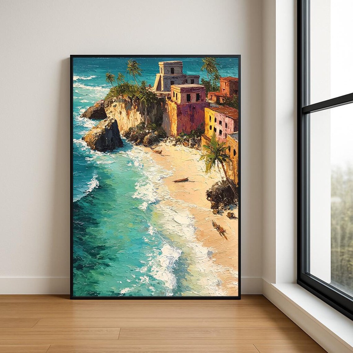 Cliffside Coastal Village Turquoise Sea Impasto Painting Poster
