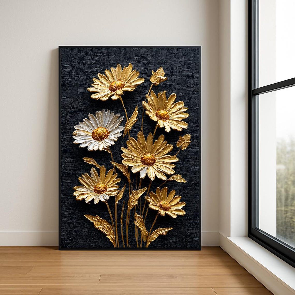 Golden Daisies on Black Textured Impasto Floral Oil Painting Poster