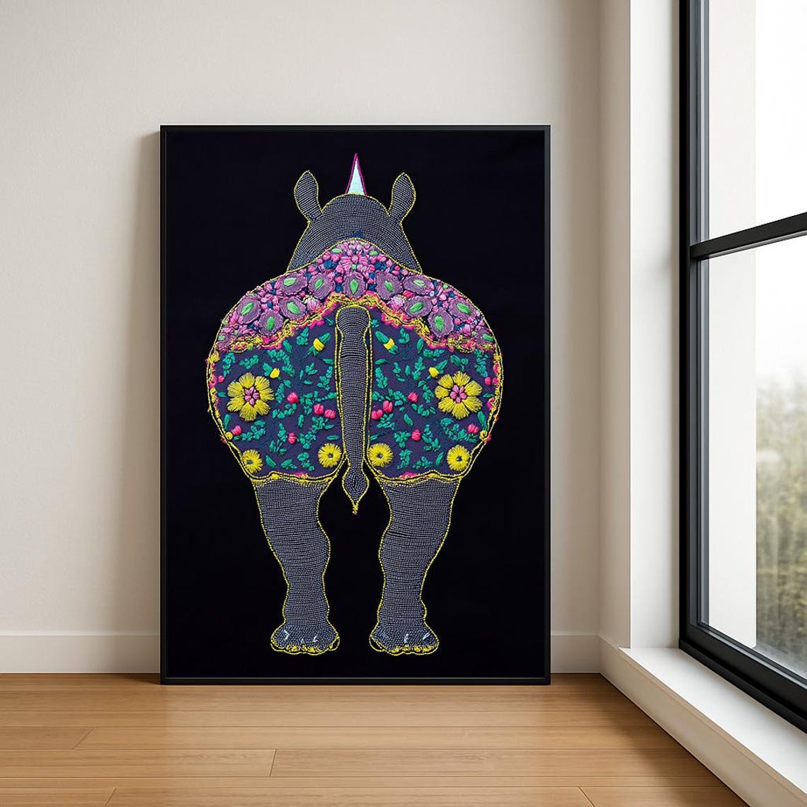 Embroidered Rhino Back View Floral Pattern Black Background Poster
