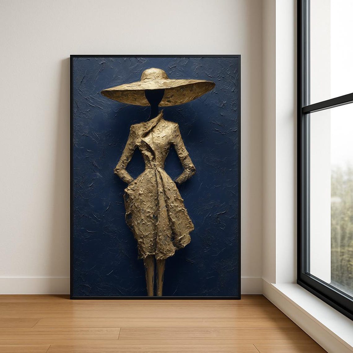 Gold Sculptured Lady Wide Hat Navy Blue Textured Fashion Art Poster
