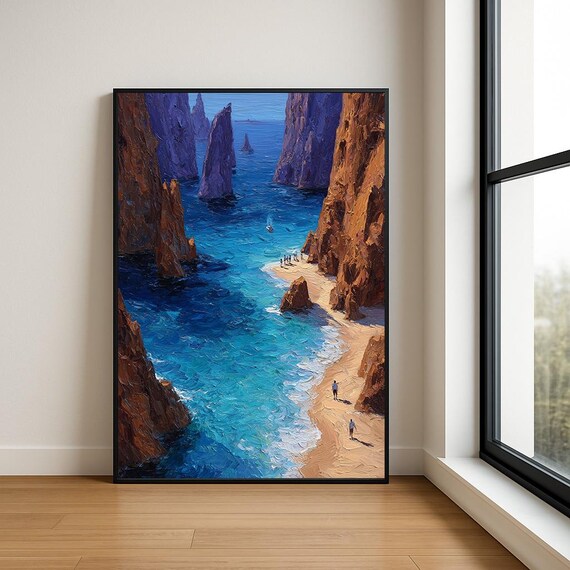 Dramatic Sea Stack Cliffs Turquoise Ocean Cove Impasto Oil Painting Poster