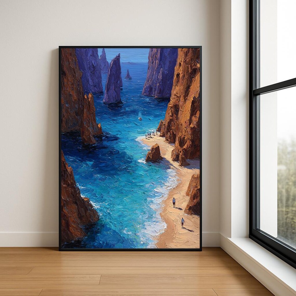 Dramatic Sea Stack Cliffs Turquoise Ocean Cove Impasto Oil Painting Poster