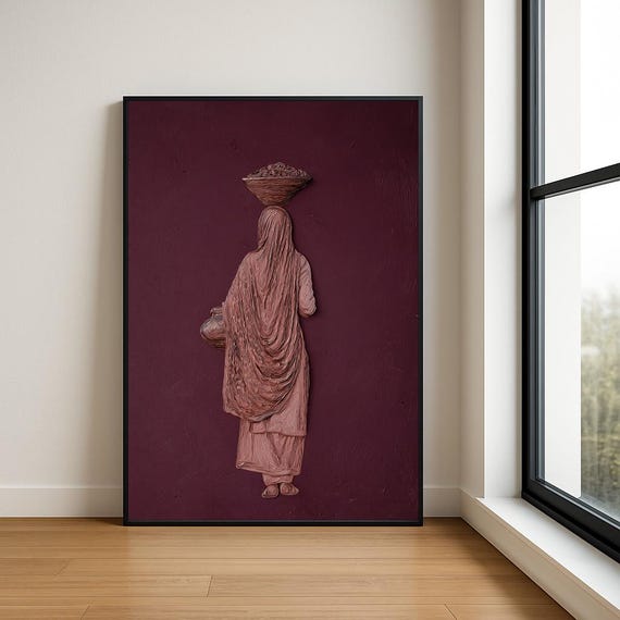Traditional South Asian Woman Wall Oil Painting Luxury Textured Village Lady Decor