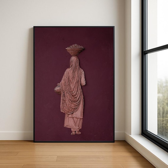 Traditional Woman Carrying Basket Textured Burgundy Oil Poster