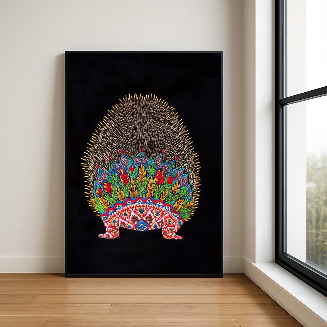 Colorful Embroidered Porcupine Floral Folk Art Boho Animal Poster