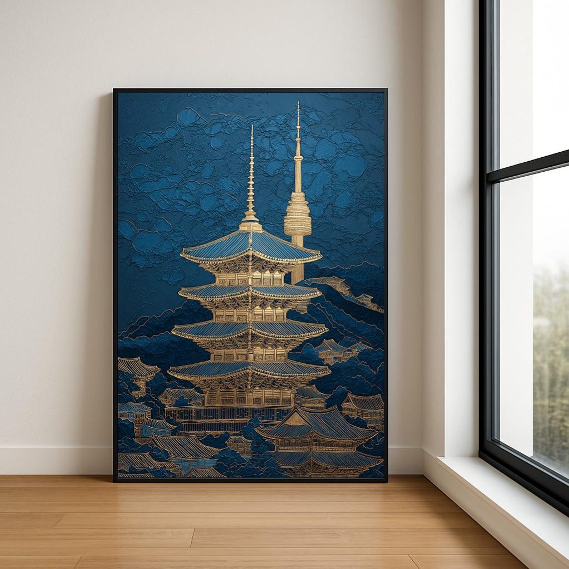 Seoul Korea Golden Pagoda N Seoul Tower Midnight Blue Texture Poster
