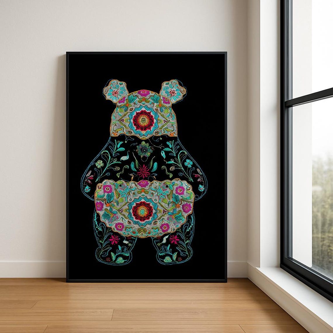 Bear From Behind Embroidered Floral Coat Colorful Boho Animal Poster