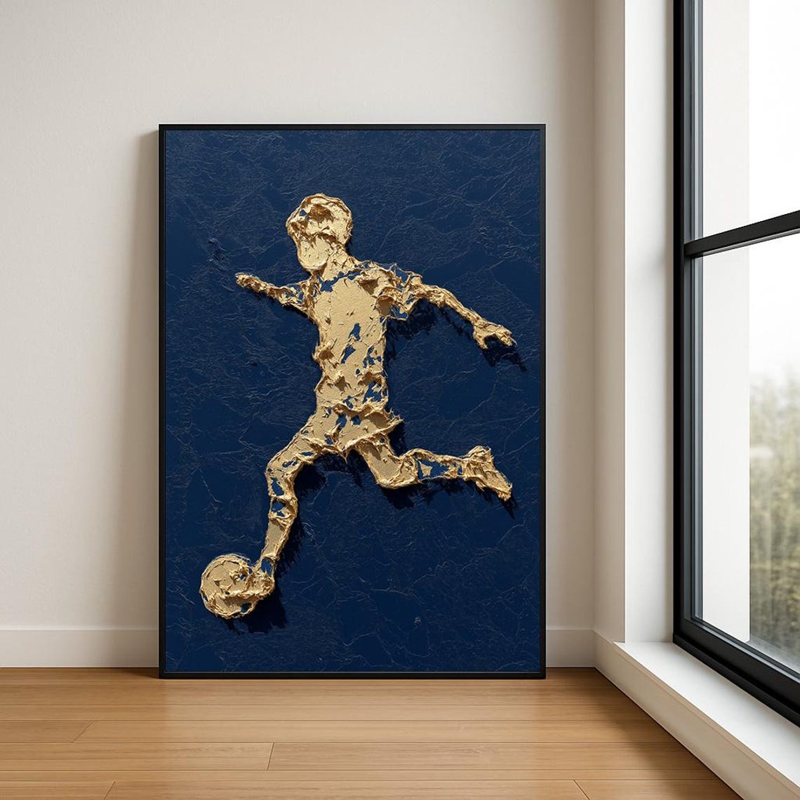 Golden Soccer Player Striking Ball Impasto Oil Painting Sports Poster