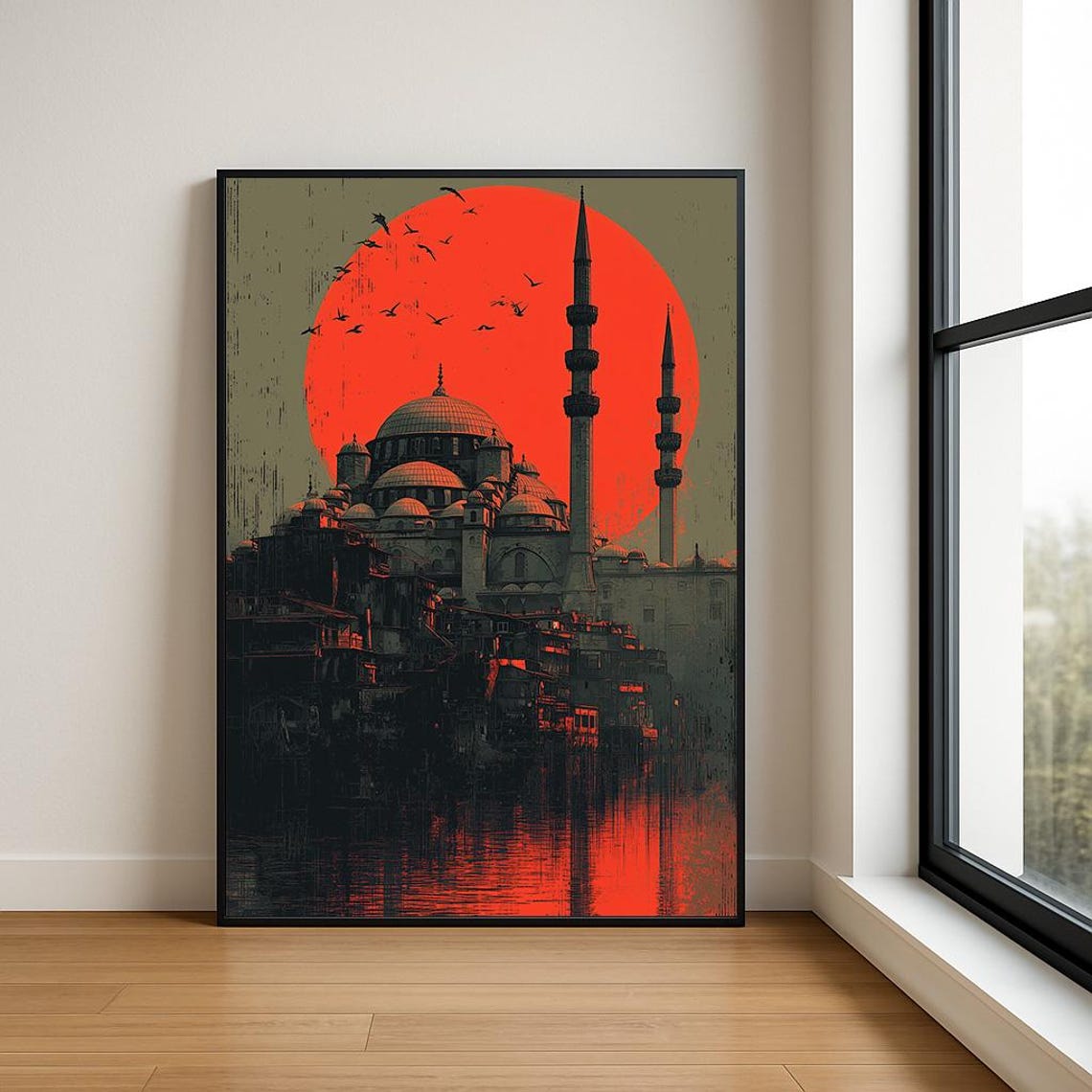 Mosque Minarets Red Sun Retro Silhouette Islamic Vintage Art Poster