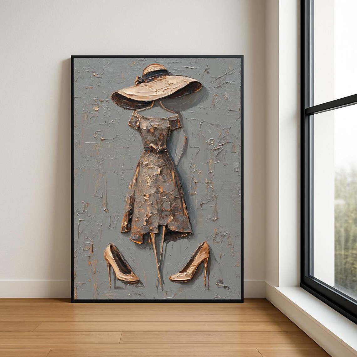 Elegant Lady in Bronze Dress on Gray Textured Oil Fashion Art Poster