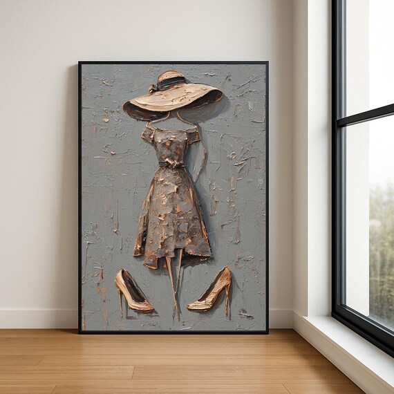 Elegant Lady in Bronze Dress on Gray Textured Oil Fashion Art Poster
