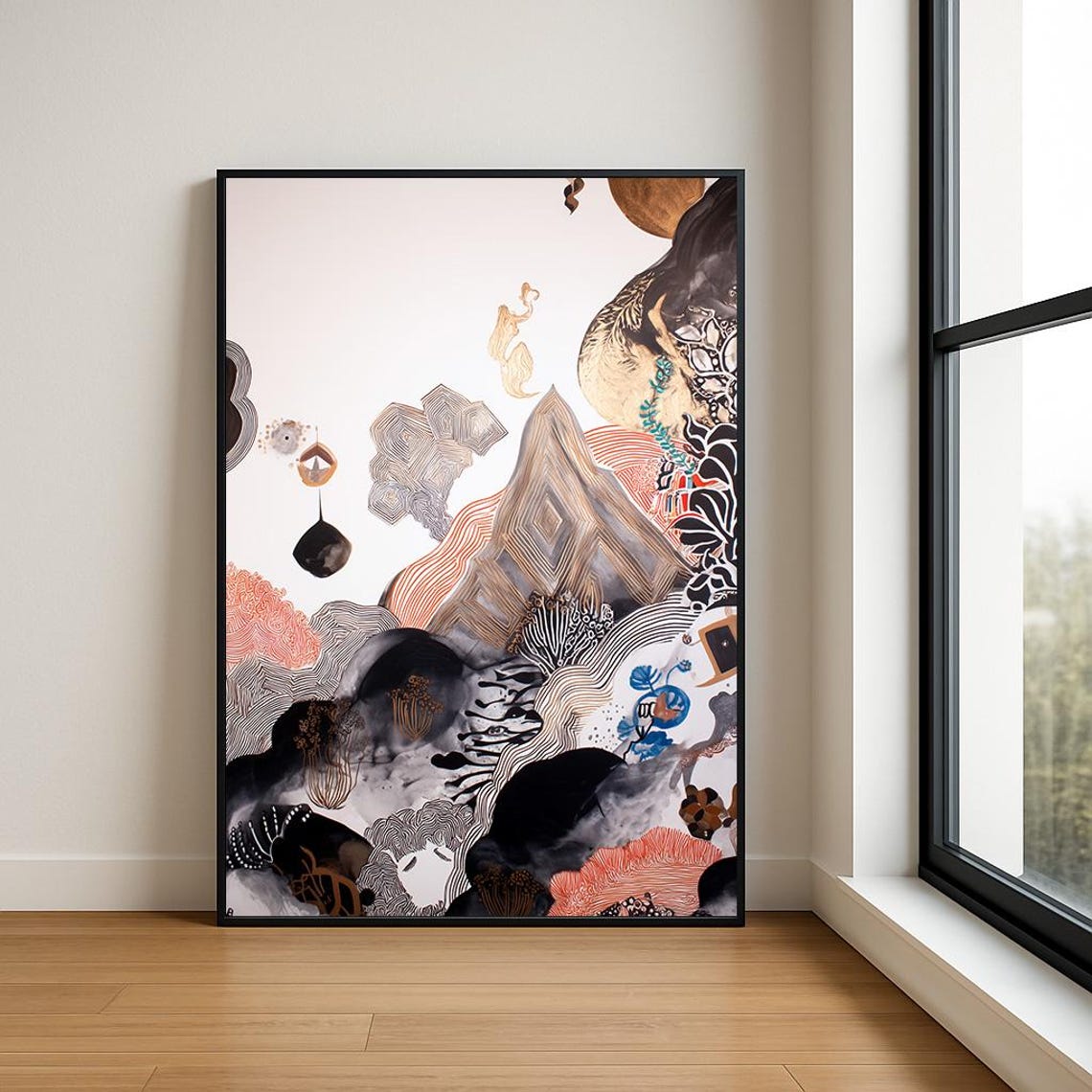 Abstract Mountain Ink Watercolor Blush Gold Modern Art Poster