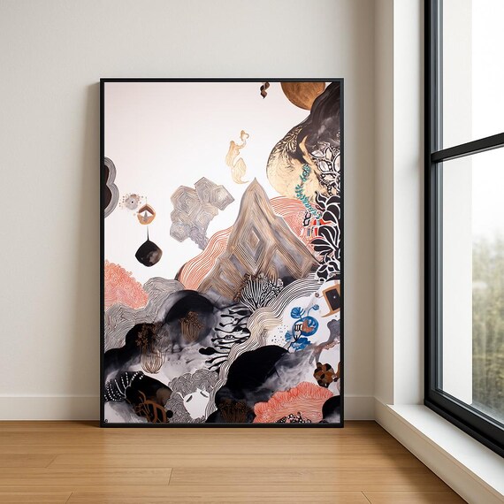 Abstract Mountain Ink Watercolor Blush Gold Modern Art Poster