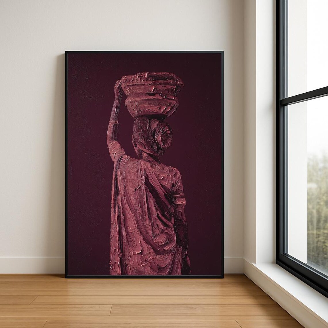 Woman Carrying Bowls Monochrome Pink Oil Painting Textured Art Poster