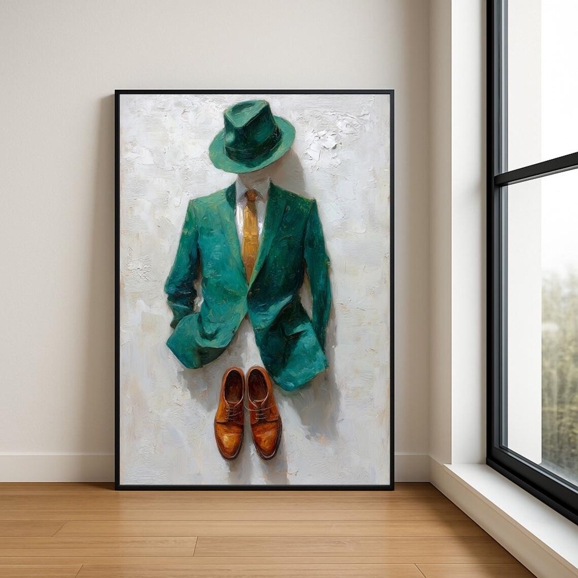 Modern Gentleman Abstract Oil Painting Suit Hat Wall Art Luxury Decor Print