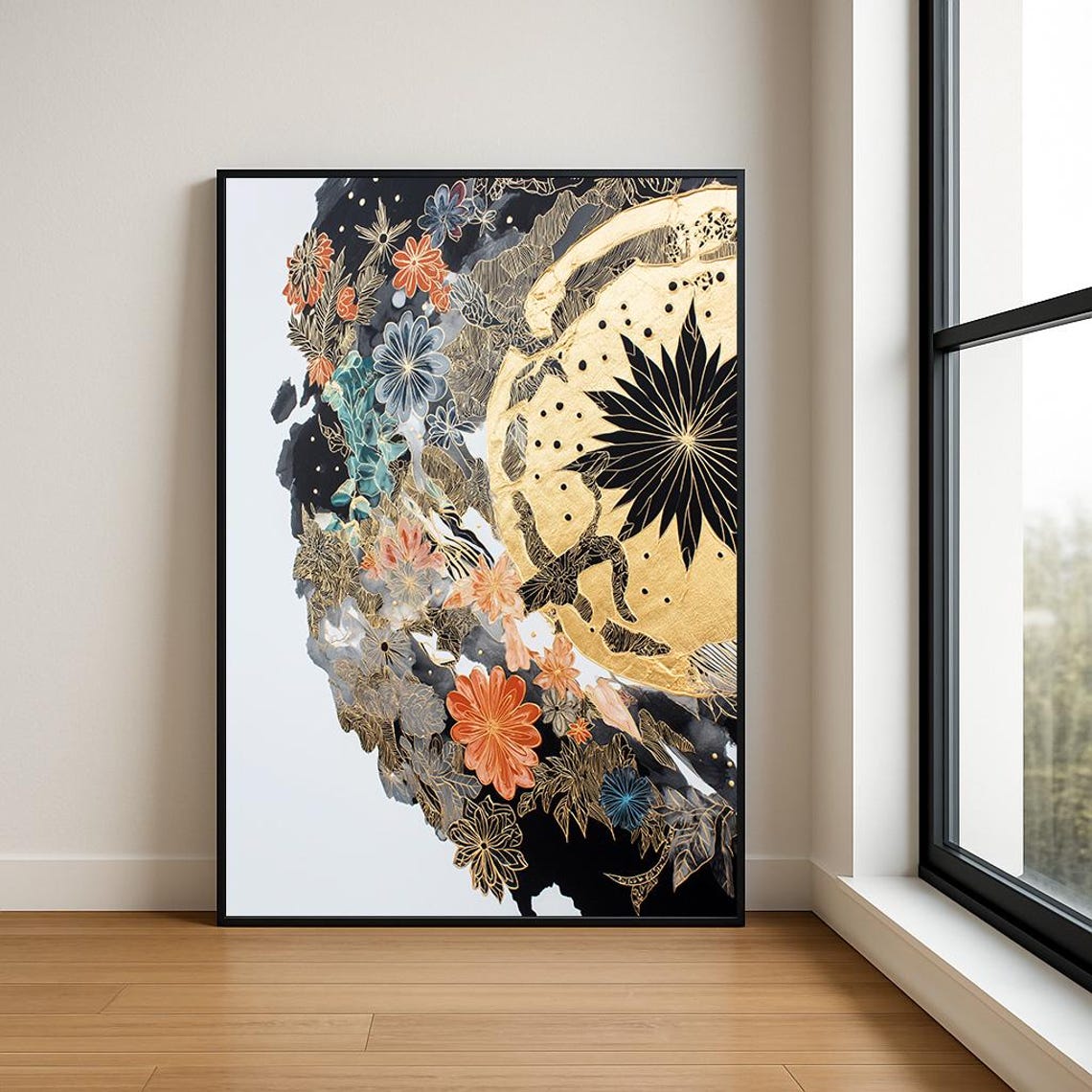 Gold Black Floral Crescent Moon Abstract Botanical Luxury Poster