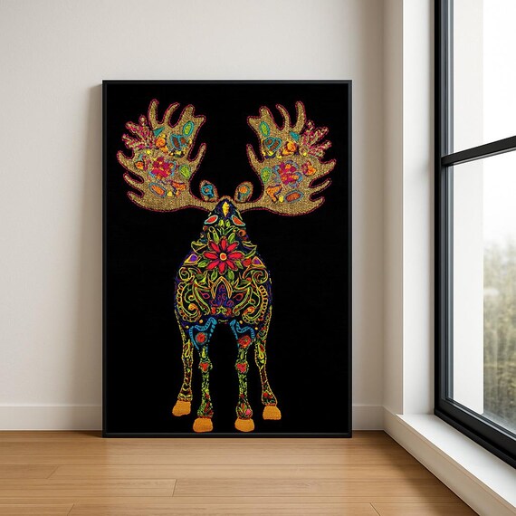 Colourful Embroidered Animal Wall Art Boho Illustration Print Vibrant Textile Style Home Decor