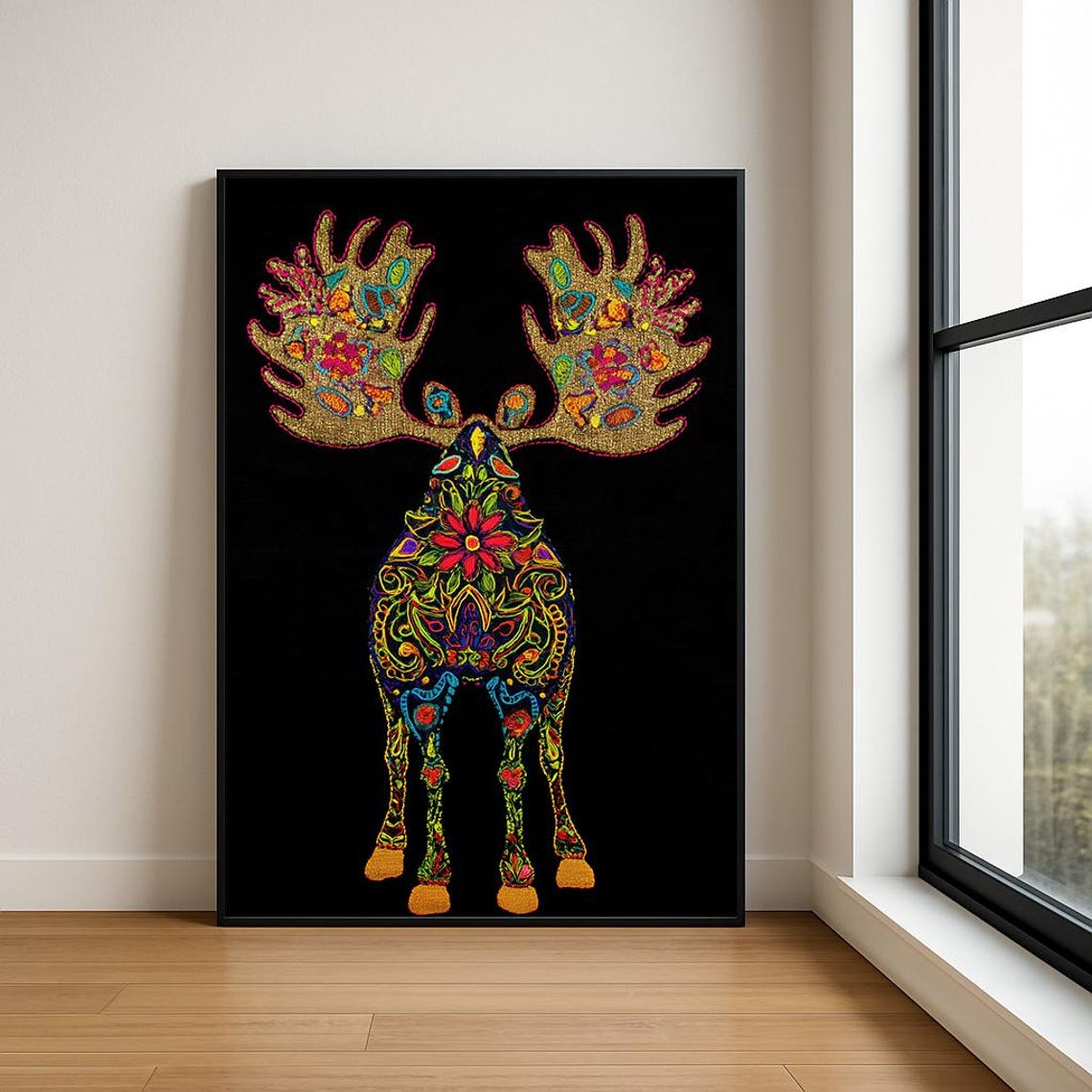 Patterned Moose Folk Art with Golden Floral Antlers on Black Poster