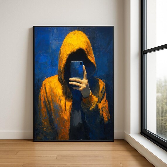 Hoodie Selfie Wall Art Print Modern Textured Oil Painting
