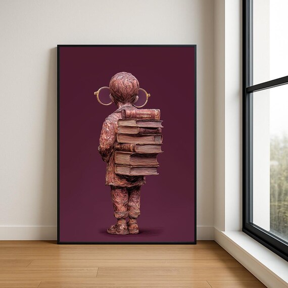 Nerdy Boy Carrying Stack of Books Burgundy Textured Modern Wall Art