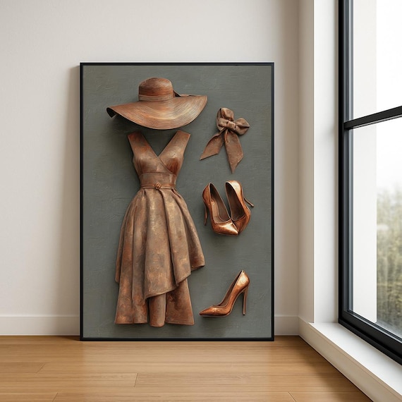 Bronze Lady in Hat with Bow and Heels Fashion Oil Painting Wall Art