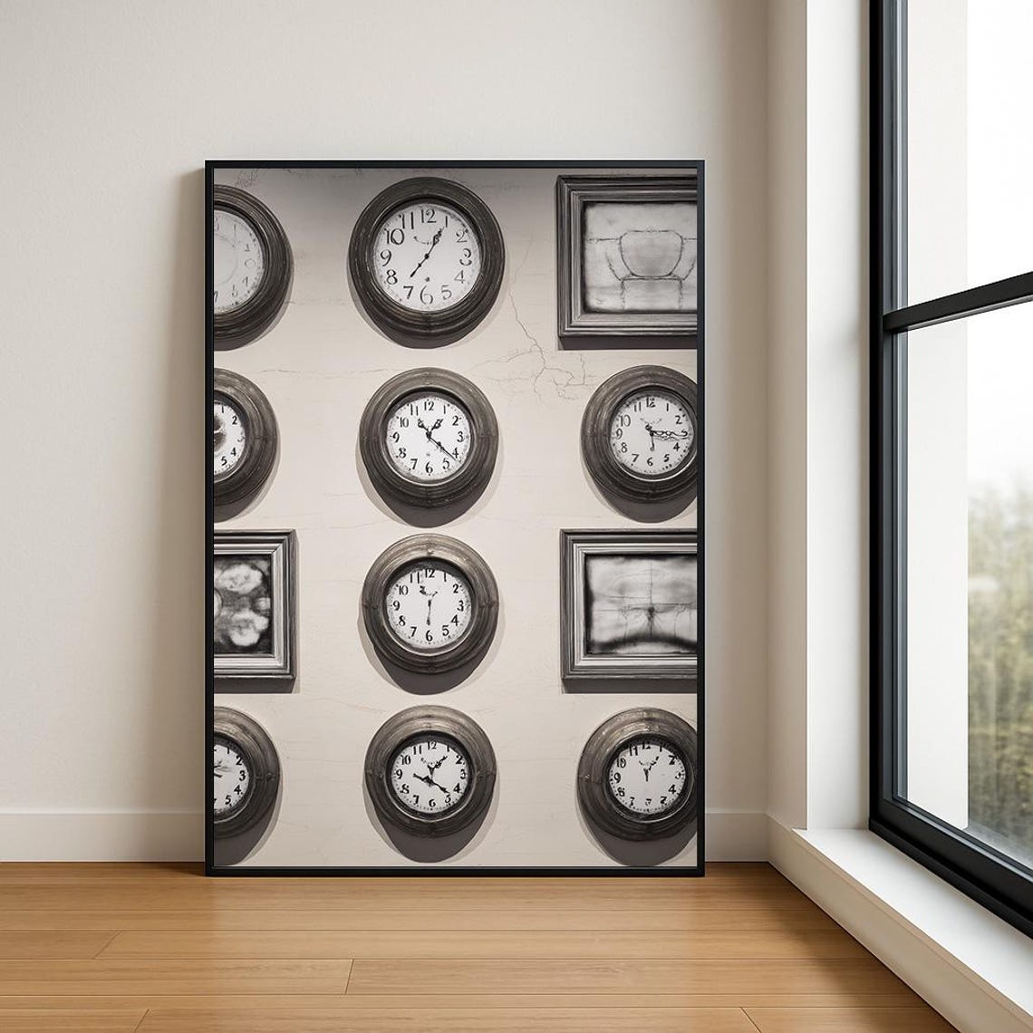 Vintage Round Wall Clocks Grid Grayscale Retro Timepiece Poster