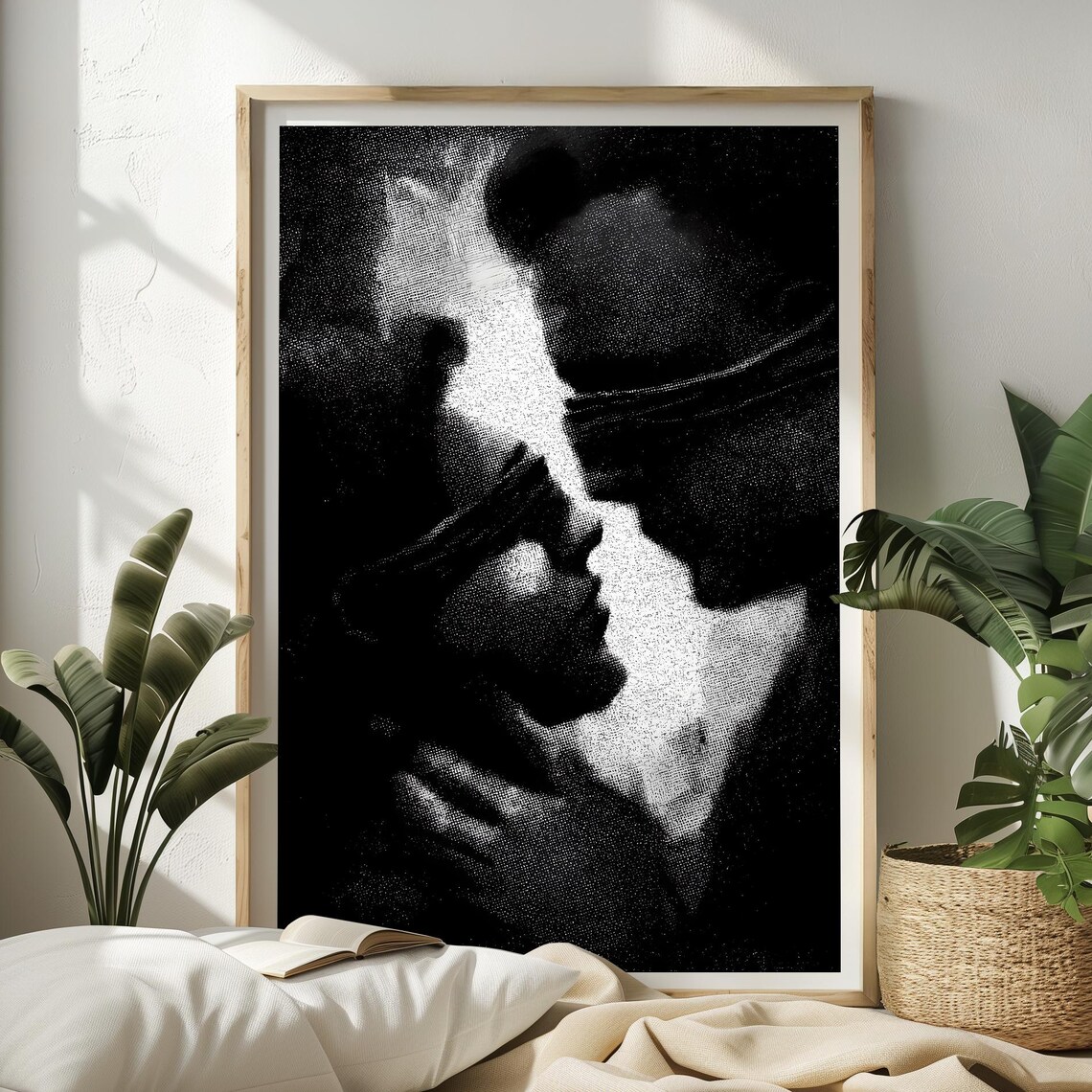 Eyes Closed Romantic Black White Couple Kiss Halftone Art Poster
