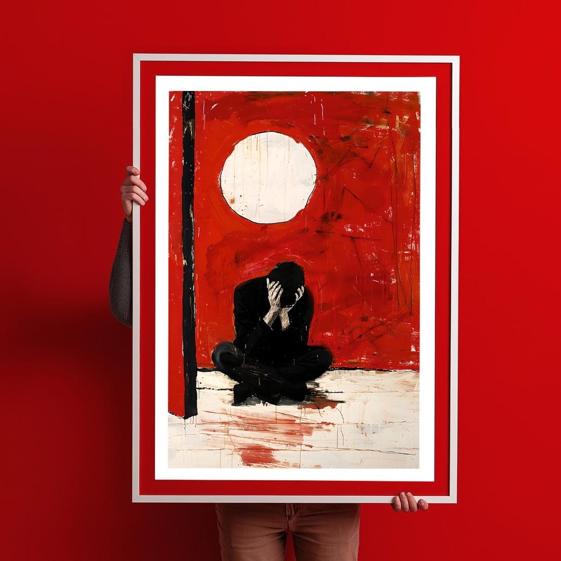 Sadness In Red Abstract Emotional Grieving Figure Painting Poster