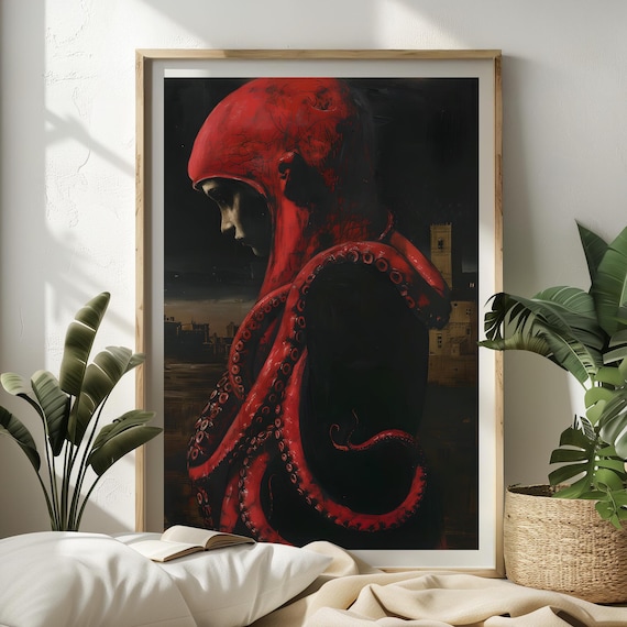 Red Octopus Surrealist Art Print Wall Home Decor Animal Surrealism Fantasy